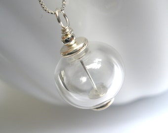 Hand Blown Glass Necklace, Crystal Necklace, Clear Necklace, Hollow, Lampwork Pendant, Transparent, White, Clear, Sterling Silver Necklace
