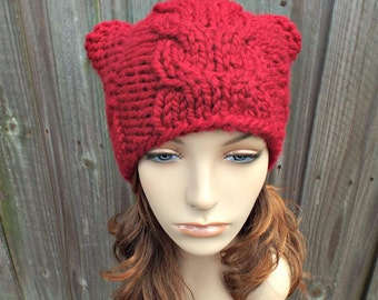 Red Knit Hat Red Womens Hat - Cranberry Red Cable Cat Beanie - Red Hat Red Cat Hat Red Beanie Red Cat Beanie Womens Accessories Winter Hat