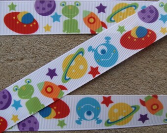 3 yards Space Ship Martians Aliens Outer Space Grosgrain Ribbon 7/8" Kids Cartoon Hair Bows Ribbons