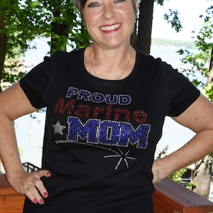 United States Marines Proud Marine Mom rhinestone bling shirt, all sizes XS, S, M, L, XL, XXL, 1X, 2X, 3X, 4X, 5X