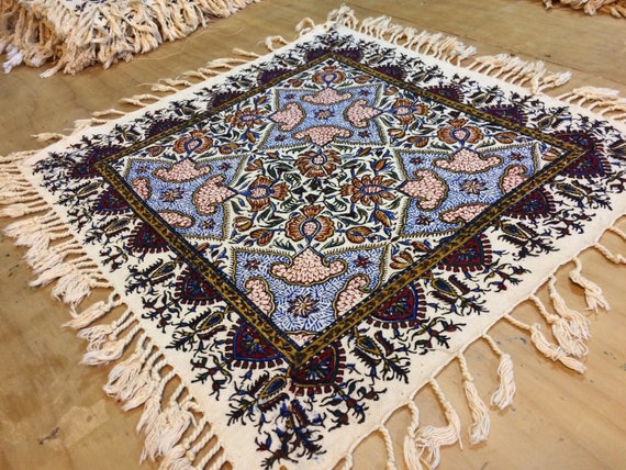 Hand printed tapestry , 16 inches floral table top, natural colours with tassels , paisley design , vintage Christmas , gift idea