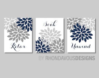 Floral Relax Soak Unwind Print Trio. Bathroom Home Decor Wall. Bathroom Art. Flower Bathroom. Navy Blue Bath Art. Flower Bath Art. NS-804