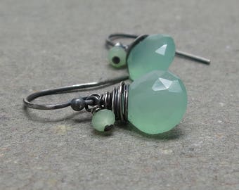 Light Green Chalcedony Earrings Oxidized Sterling Silver Petite Minimalist Mint Green