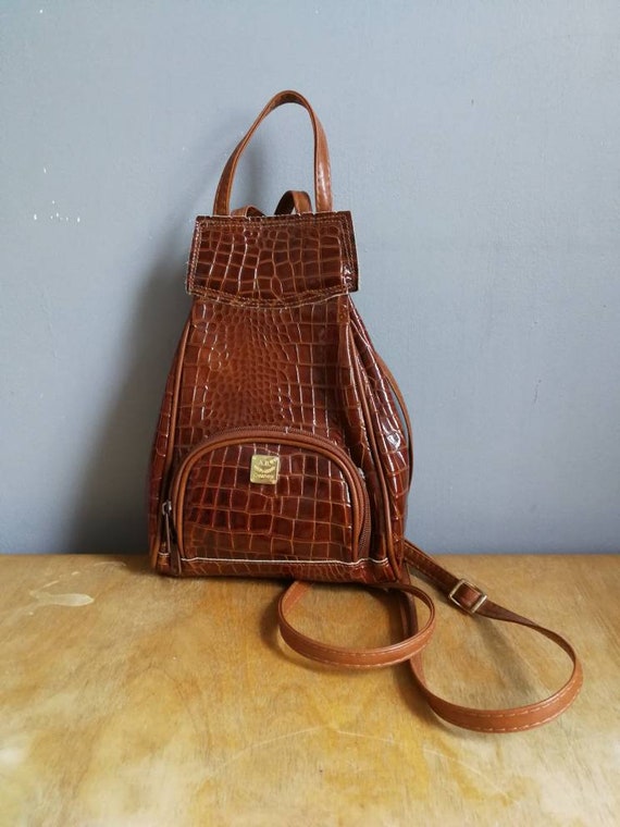 90s petite backpack purse / shiny mock croc backpack / vintage brown small backpack purse / brown leather back purse