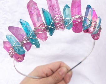 Cotton Candy Bubblegum Crown, crystal crown, quartz crown, aura quartz crystal crown, crystal headpiece, mermaid crown, bridal crown