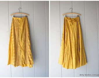 Ethnic Print Yellow Wrap Skirt 70s Cotton Maxi Skirt High Waist Boho Hippie Spring Summer Tribal Skirt Womens Small Medium