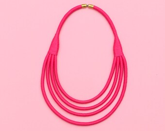 Hot Pink Statement Necklace, Fuchsia Rope Necklace, Multi Strand Textile Necklace, Colorful Layered Fabric Necklace, Summer Jewelry