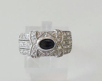 Art Deco Style ring, size 9, blue sapphire, CZ, large band
