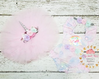 Unicorn Birthday Outfit, Unicorn headband, Unicorn Rainbow Birthday tutu set, Unicorn Romper, Rainbow unicorn set, Unicorn Girls Costume