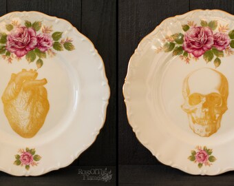 human skull plate human heart plate rose plate halloween plate halloween decor goth tableware halloween tableware set of 2