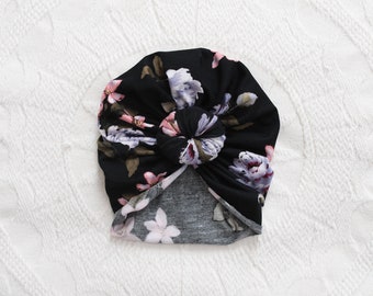 Black Floral Top Knot Turban | Baby Turban | Baby Top Knot Turban | Newborn Hat |Baby Girl Hat | Hospital Hat | Head scarf | Head wrap