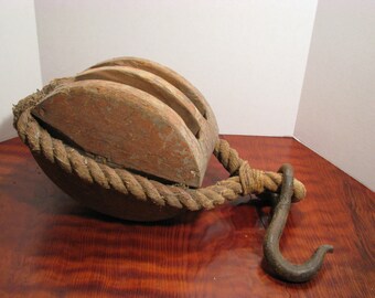 Large Antique Wood Pulley - Primitive Barn Pulley with Iron Hook