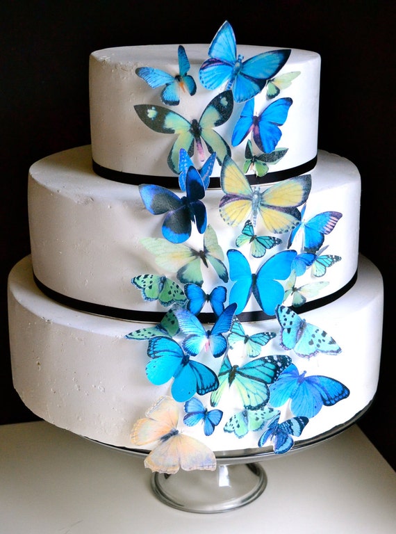 Wedding Cake Topper Blue and Green EDIBLE Butterflies Edible