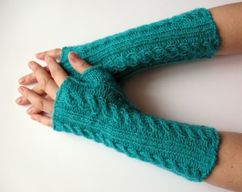 Turquoise Fingerless Gloves Arm Warmers Mittens Knit, Soft Acrylic Mohair