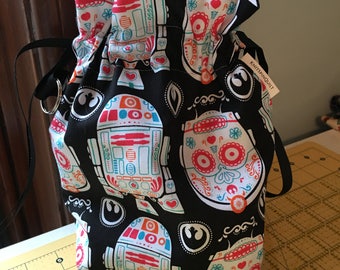 Single medium Star Wars sugar-droid themed medium fully-lined cotton drawstring knitting project bag