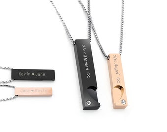 Custom Couples Necklace,Personalized Engraved Pendant,Custom Name Bar Necklace,Stainless Steel Necklace,Heart Pendant,Rose Golden Pendant