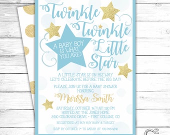 Blue & Gold Twinkle Twinkle Little Star Baby Shower Invitation