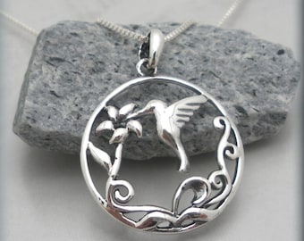 Hummingbird Necklace, Hummingbird Jewelry, Bird Necklace, Flower Jewelry, Nature Jewelry, Sterling Silver