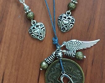Good Luck Coin Heart, Angel Wing Necklace set, Valentines Gift, boho jewelry, lucky Coins, angel wing Jewelry