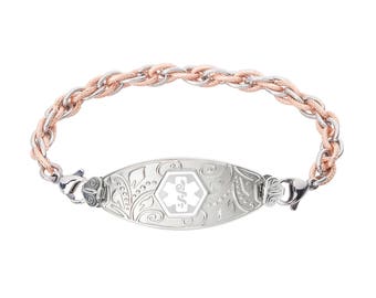 Divoti Custom Engraved Lovely Filigree Medical Alert Bracelet -Inter-Mesh Rose Gold/Silver Chain -White -5624WH