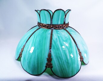 Green Bent Slag Glass Tulip Lamp Shade Table Ceiling Vintage 20s