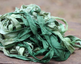 Recycled Sari silk ribbon - More Green 116