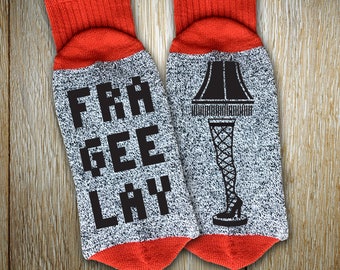 New Holiday Socks "Fra-Gee-Lay" Unisex Thermal Crew Socks for Christmas, Ugly Sweater Party, Christmas Story Fans, Leg Lamp Enthusiasts