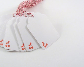 Red Cherry Stamped White Gift Tags with Red and White Bakers Twine Mason Jar Tag Cherry Dessert Tag Bellini Wedding Tag