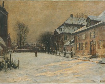 Winter city street antique oil painting by Olof Jernberg Geramny