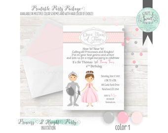 Princess and Knight Invitation. Birthday Party DIY printable PDF Invitation. Silver and Pink with other color options available