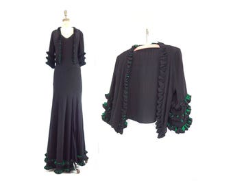 Vintage 30s Dress 30s Bias Cut Dress and Jacket 1930s Dress 1930s Gown 30s Jacket Black Crepe xs