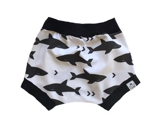 Shark Shorties, Bummies | Baby Clothes | Bloomers | Baby Boy | Shorts | Toddler Shorts | Diaper Cover, Baby Bummies, Monochrome Shark Shorts