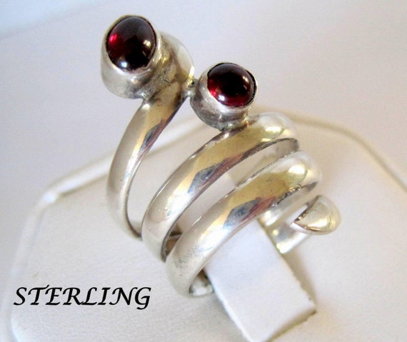 Sterling Garnet Ring, Bypass Ring, Wrap Size 6, Wraps the Finger, Statement Ring