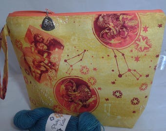 Leo DPN, Leo Wedge project bag, Zodiac Leo crochet bag, Travel Leo bag