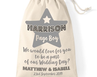 Will you be our Page Boy, personalised cotton gift bag. Wedding day page boy gift.