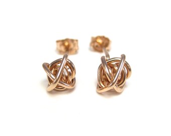 Pink Gold Stud Earrings, Rose Gold Knot Studs, Pink Gold Earrings