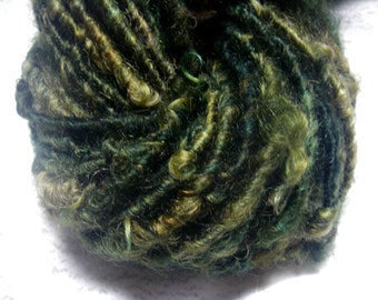 Handspun Curly Textured Cotswold Wool Bulky Art Yarn in Deep Green with Gold by KnoxFarmFiber to Knit Crochet Weave