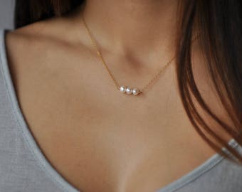 Single pearl necklace, Dainty choker, Simple gold choker, Dainty pearl, Two pearl or three pearl, Tiny pearl, Simple delicate, Mom gift NS62