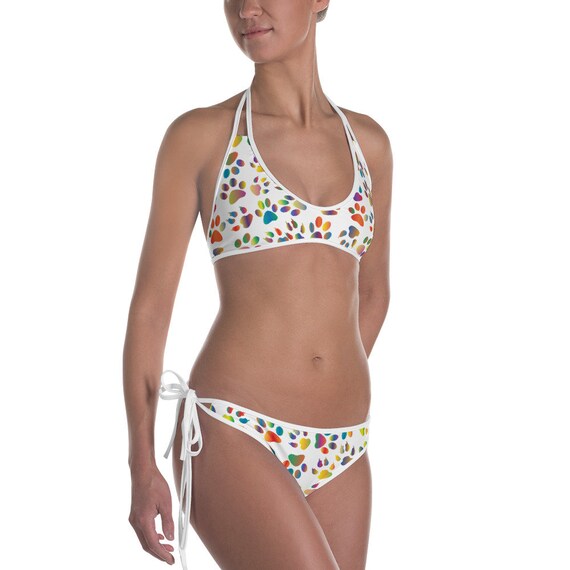 Dog Lover Cute Dog Print 2-Piece Bathing suit girls Rainbow Paw Print Bikini