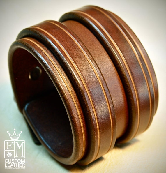 Leather cuff Bracelet Brown bridle leather Double strapped and scribed Detailing Custom made in USA for YOU by Freddie Matara!