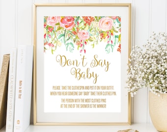 Dont Say Baby Game Baby Shower Game Gold Baby Shower Printable Clothes Pin Game Gold Baby Shower Sign Floral Baby Shower Party Game Sign