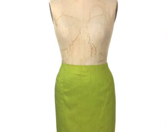 vintage 1980's NORMA KAMALI silk pencil skirt / green citrus / raw silk / mini skirt / spring summer / women's vintage skirt / tag size 8