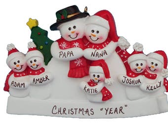 Personalized Snow Family of 7 Ornament - Personalized Grandparents Ornament with 5 Grandkids - Personalized Ornament for 5 Grandchildren