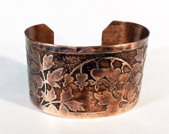 Etched Copper Cuff Bleeding Hearts Bracelet - Free Domestic Shipping