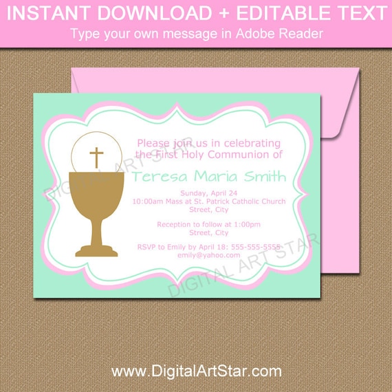 girl communion invite pdf mint pink holy communion invitation template 1st holy communion download first holy communion party printables