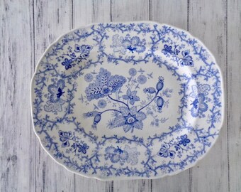 Antique Blue and White Platter, Thomas Dimmock Staffordshire Stone Ware Coral Borders Pattern, Circa 1828 to 1859, Transferware Platter