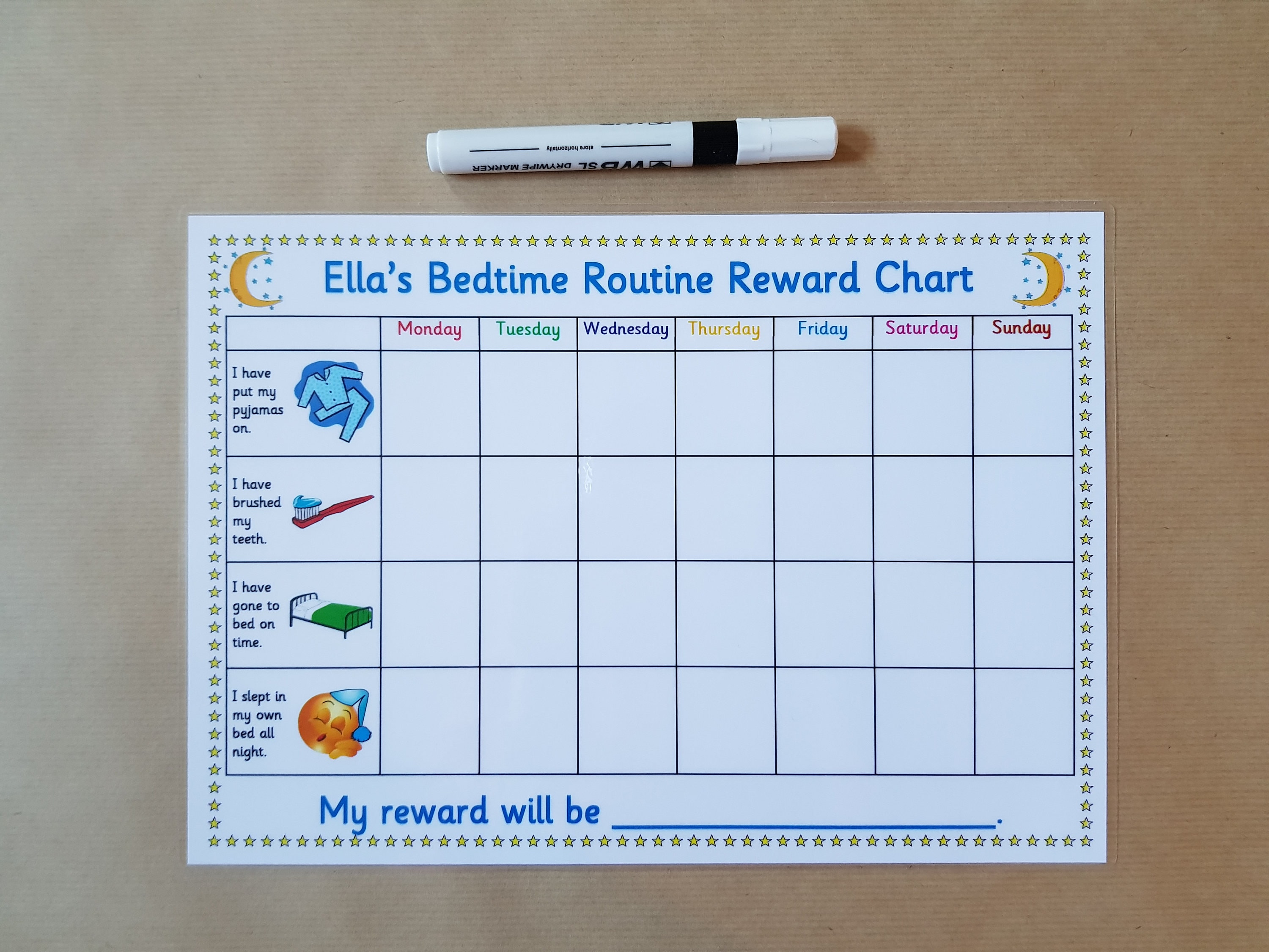 Bedtime Routine Reward Chart Children's personalised