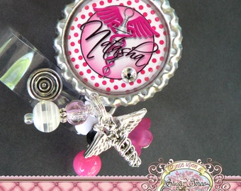 NURSE Personalized Id Badge Reel, Medical Symbol, Caduceus Charm, PHLEBOTOMIST, RN Np Nursing, Id Clip, Bottle cap, Doctor Medical, Syringe