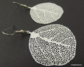 White Medium Smooth Round Leaf Skeleton Earrings, White Earrings, Woodland Jewelry, Leaf Skeleton Jewelry, Gift under 20