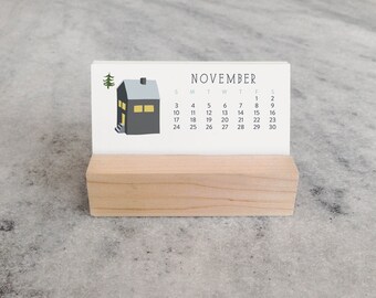 2019 Desk Calendar with Wood Stand | Mini Desk Calendar 2019 | Monthly Calendar, stocking stuffer, illustrated village cottages